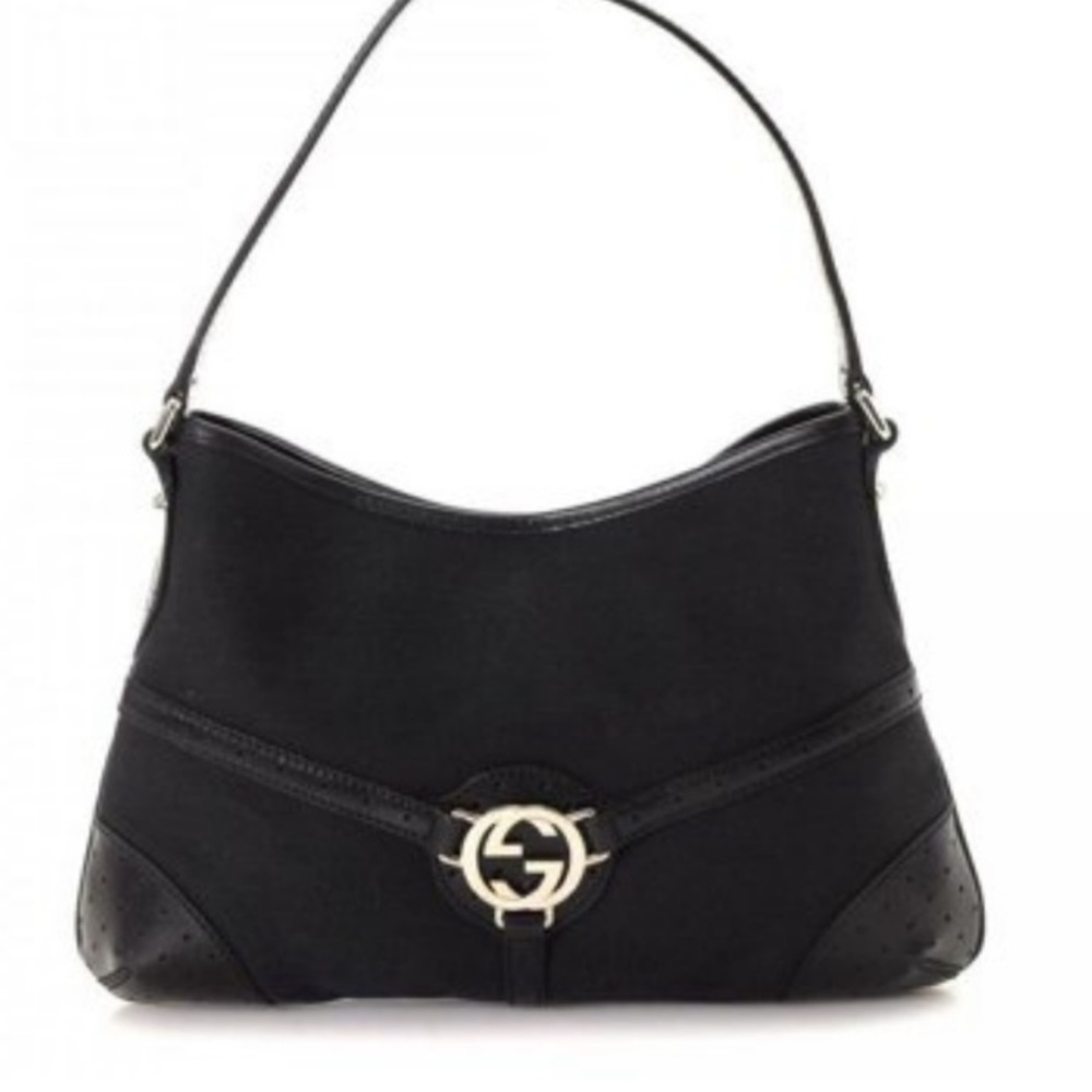 GUCCI  interlocking G punching shoulder bag canvas leather black